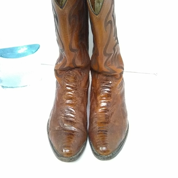 Vtge LARRY Mahan Exotic Cowboy Boots Western Brown Ostrich Leather Sz 9D Nocona - Picture 1 of 9